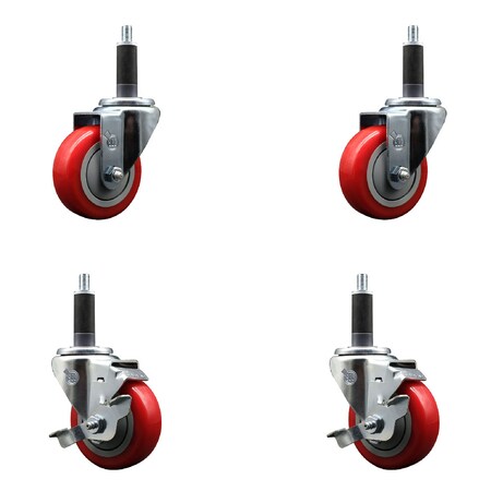 Service Caster 3.5'' SS Red Poly Wheel Swivel 1'' Expanding Stem Caster Set 2 Brakes, 4PK SCC-SSEX20S3514-PPUB-RED-2-TLB-2-1